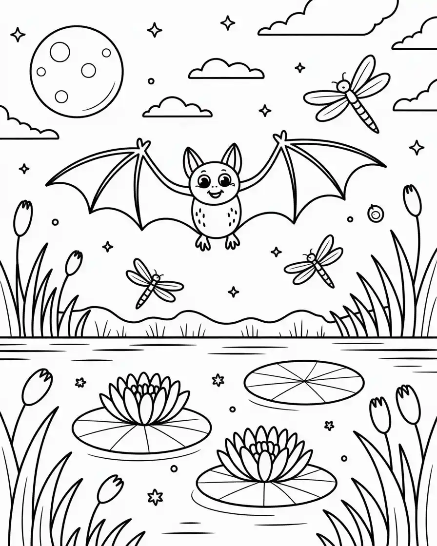 adorable bat with pumpkins coloring page 1