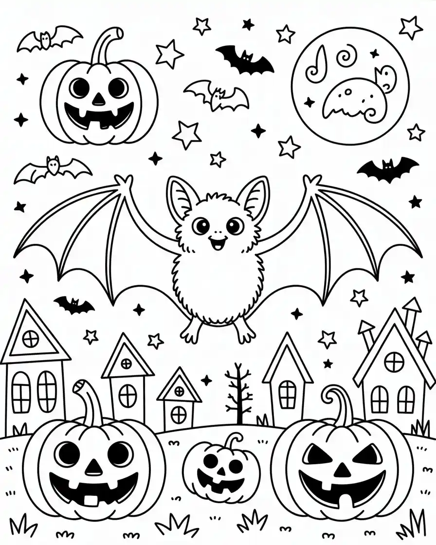 adorable bat with pumpkins coloring page