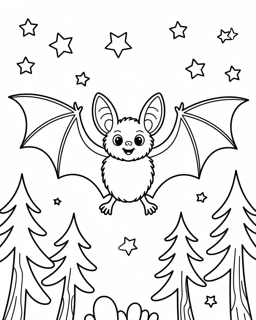 bat flying in forest night coloring page