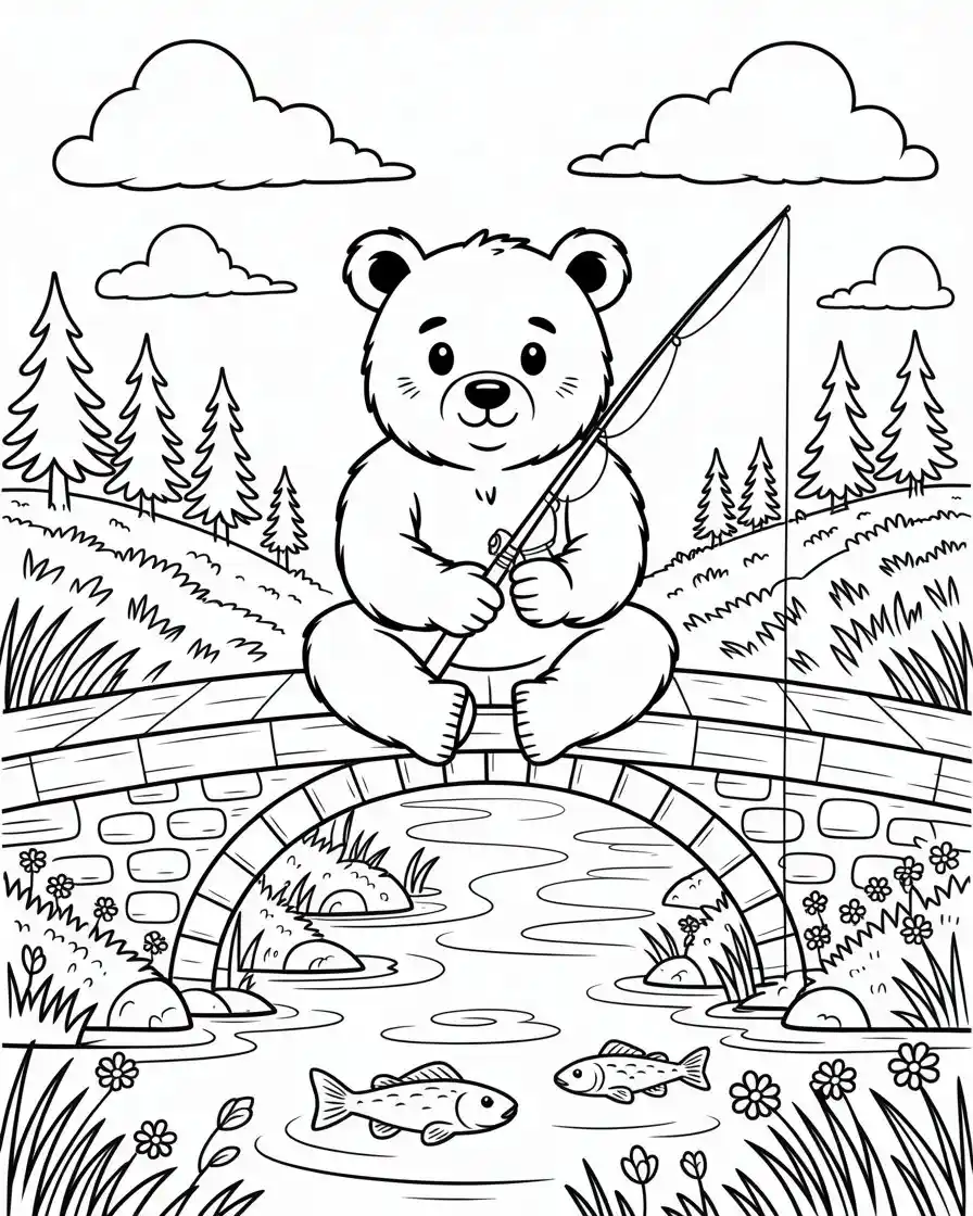 bear fishing from bridge coloring page