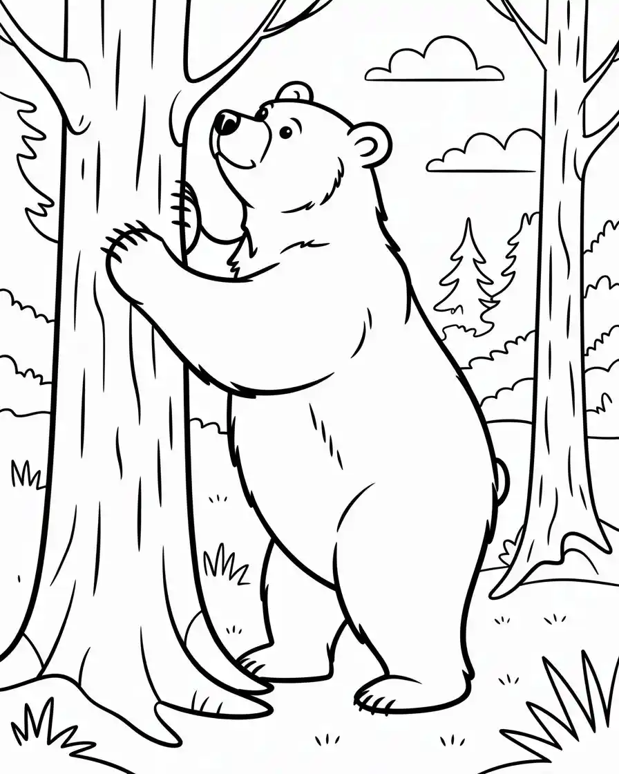 bear rubbing back on tree in coloring page 1