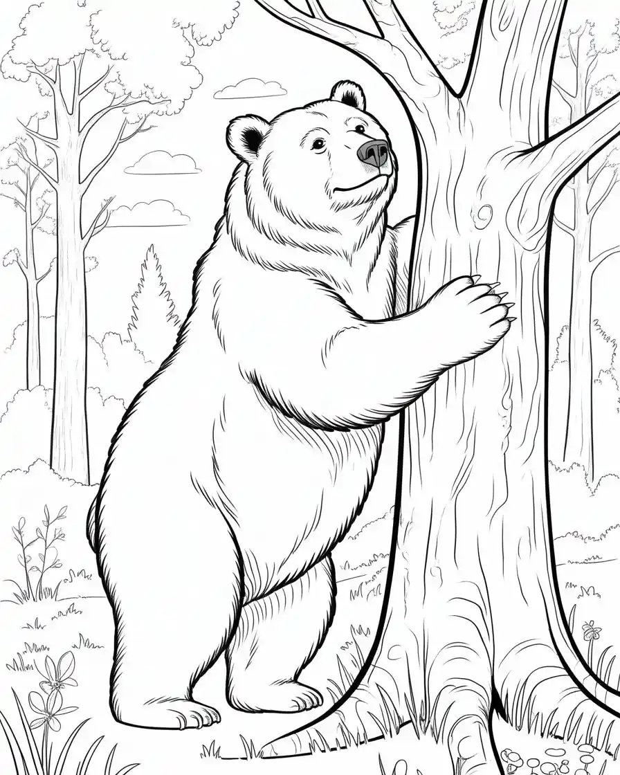 bear rubbing back on tree in coloring page