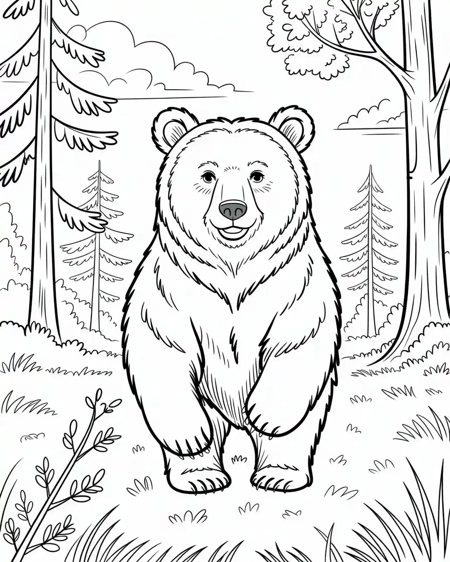 black bear in a forest coloring page 1