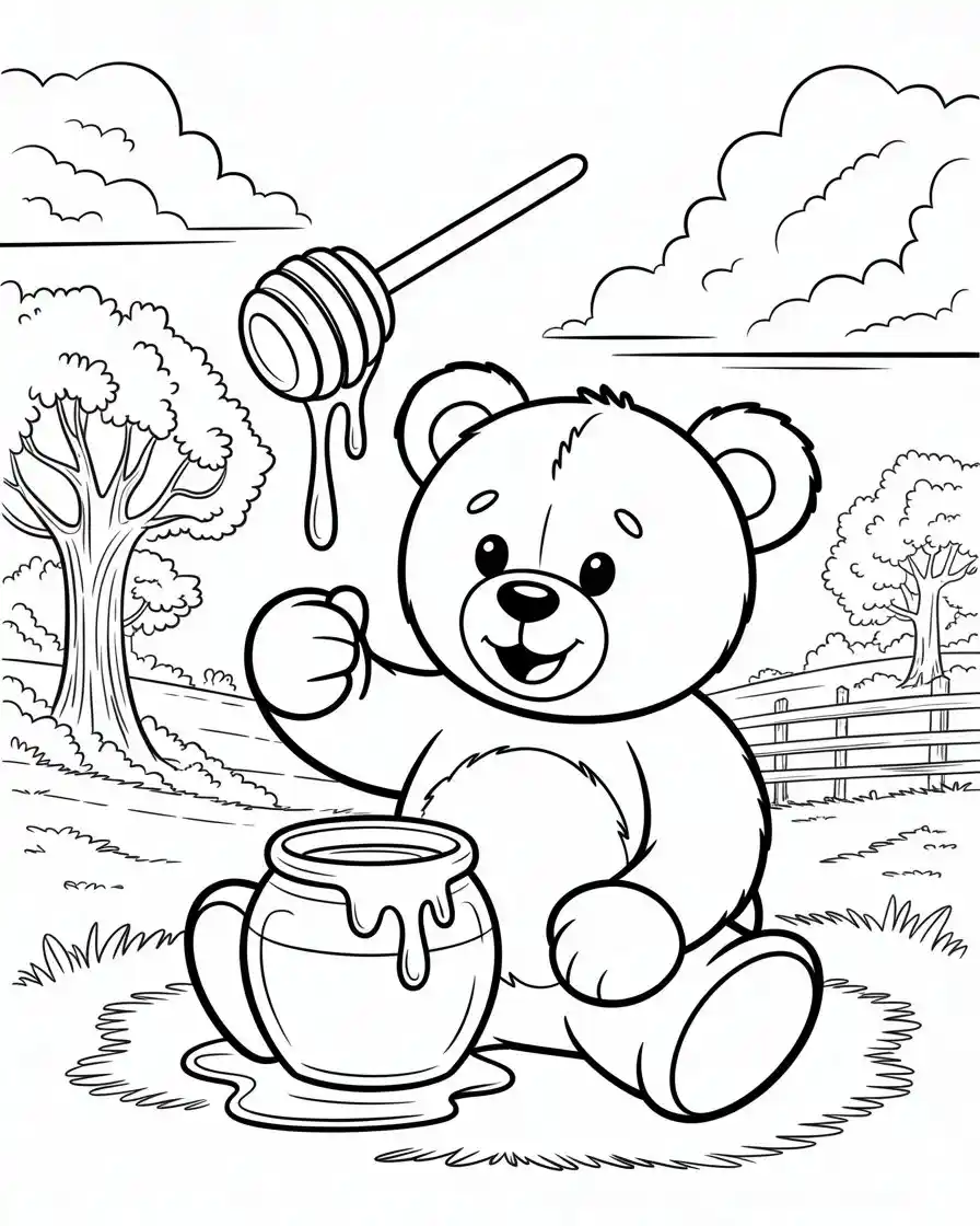 cute bear eating honey coloring page