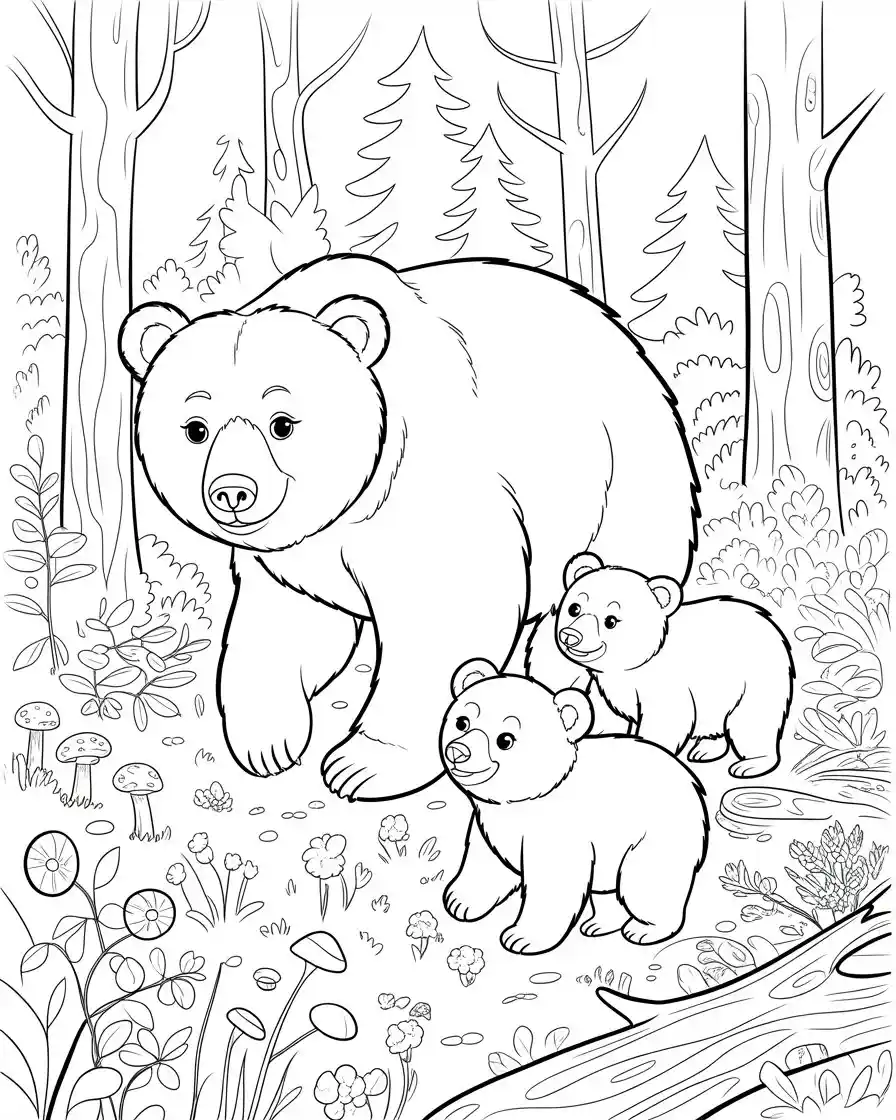 mama bear walking with her two cubs in forest coloring page