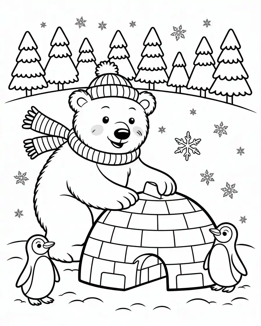 polar bear building igloo coloring page