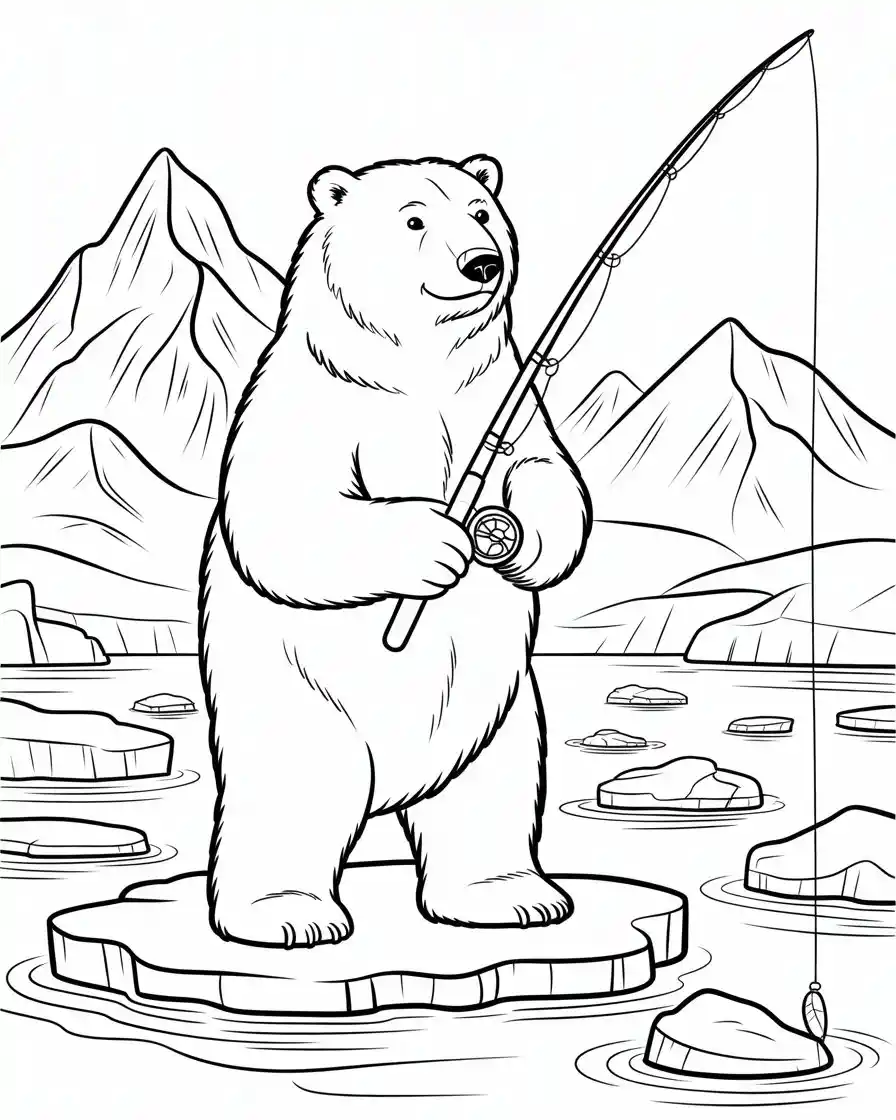 polar bear fishing on ice floe coloring page