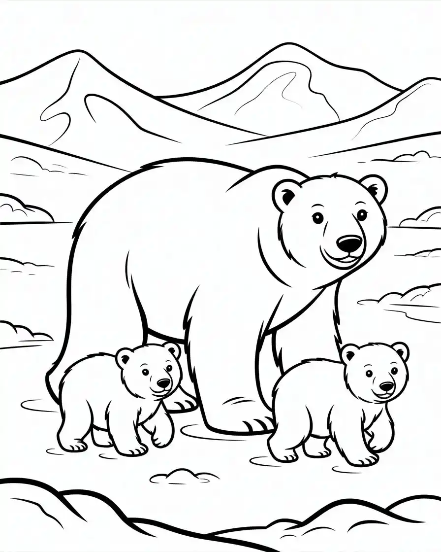 polar bear with two cubs coloring page