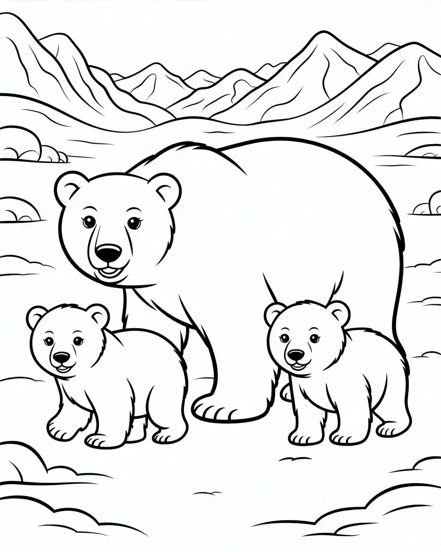 polar bear with two cubs coloring page