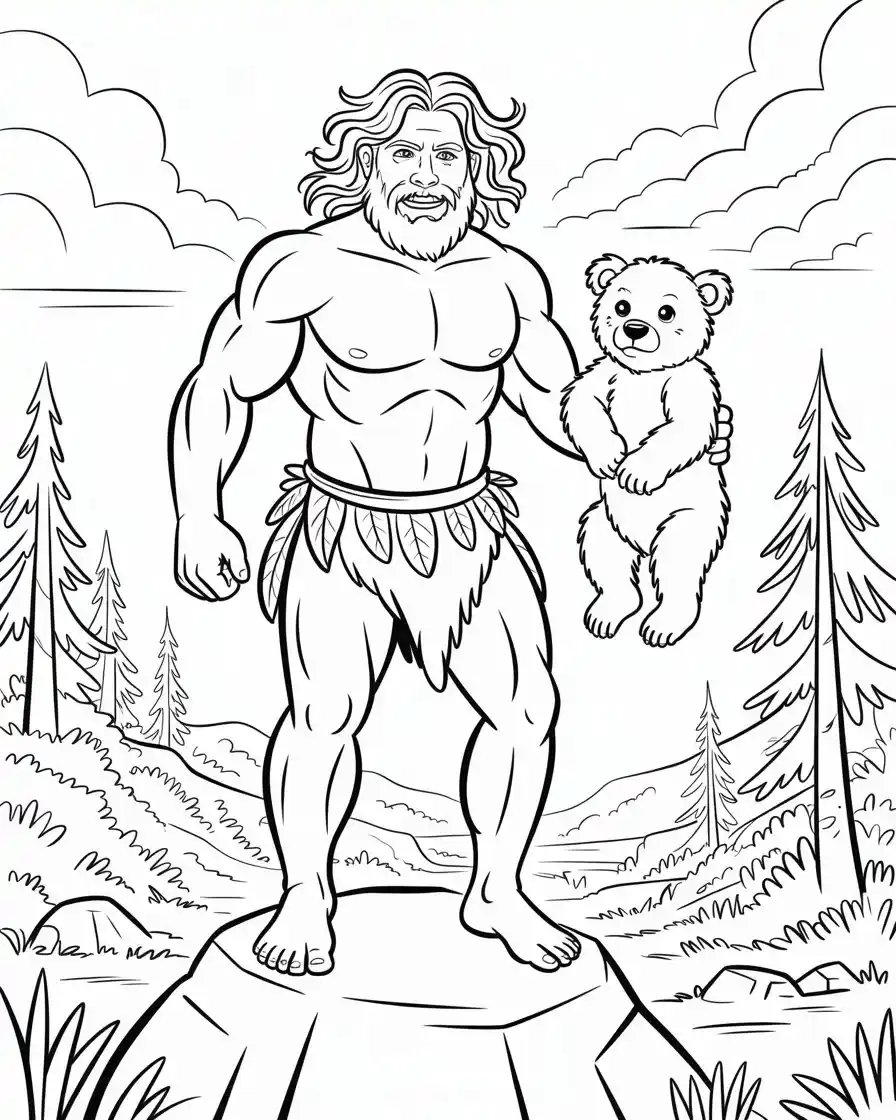 primitive man lifting bear cub coloring page