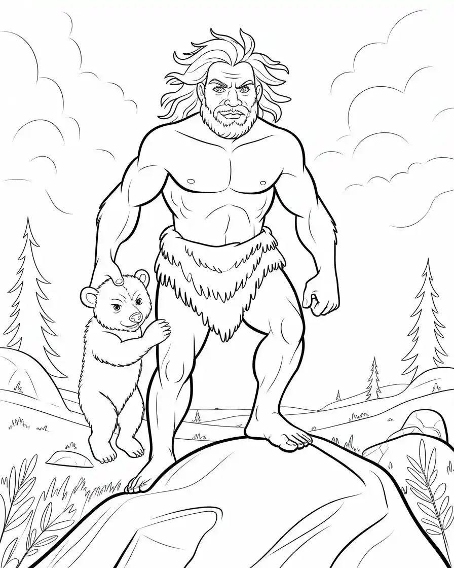 primitive man lifting bear cub coloring sheet