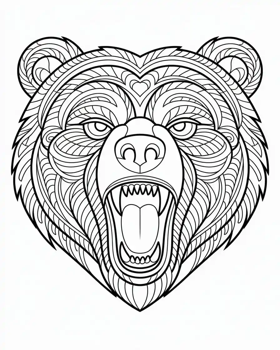 roaring bear with sharp teeth mandala coloring page
