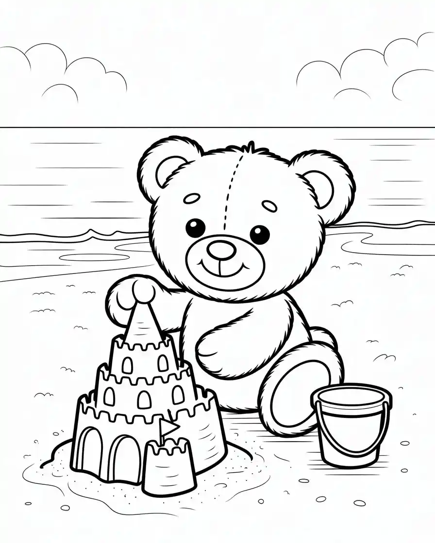 teddy bear building sandcastle coloring page 1