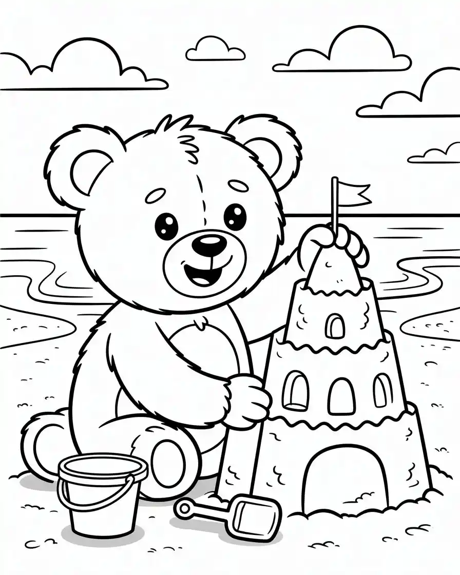 teddy bear building sandcastle coloring page