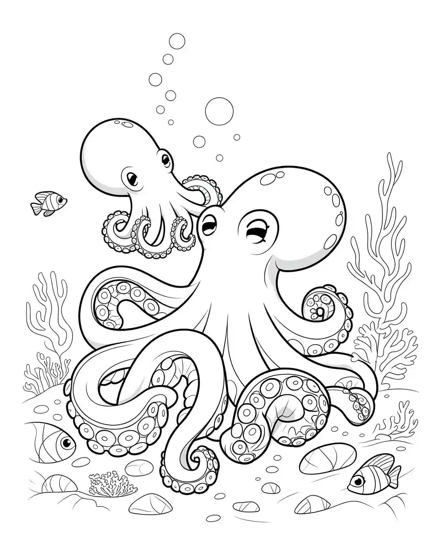 baby octopus waking mama octopus underwater coloring page 1
