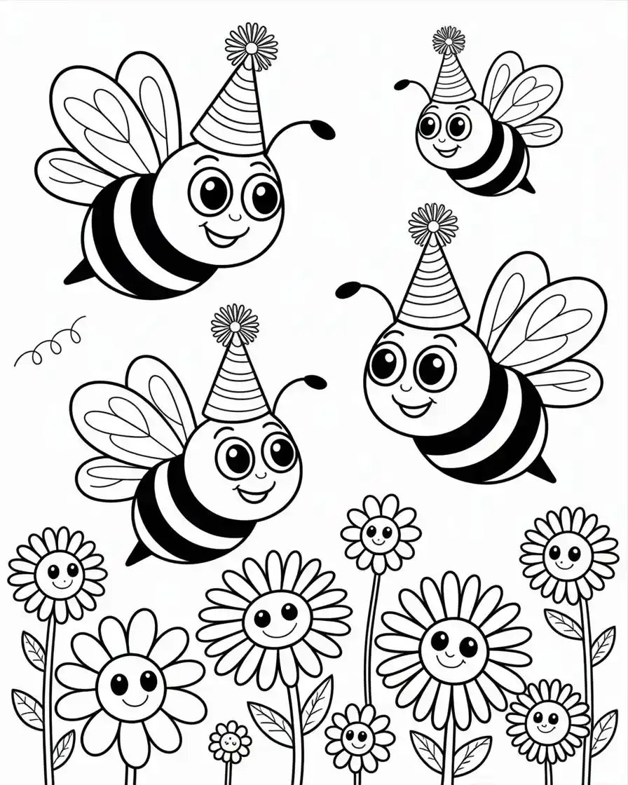 Bees Wearing Party Hats For Birthday Celebration Coloring Page 1