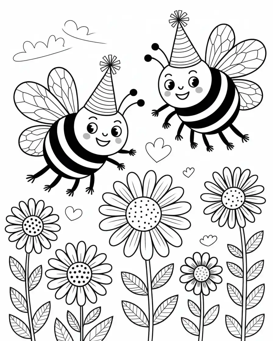 Bees Wearing Party Hats For Birthday Celebration Coloring Page