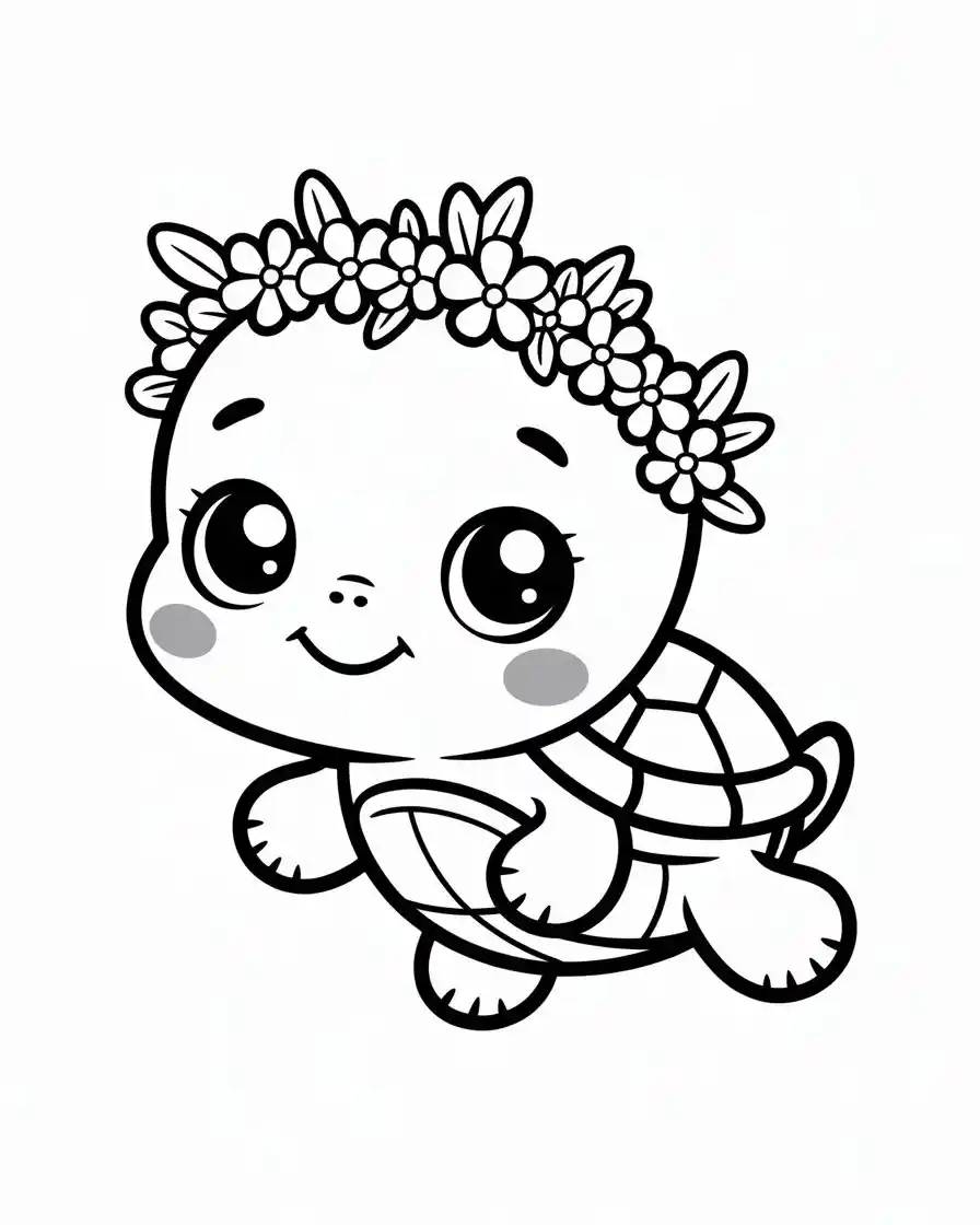 Chibi Turtle with Flower Crown Coloring Page