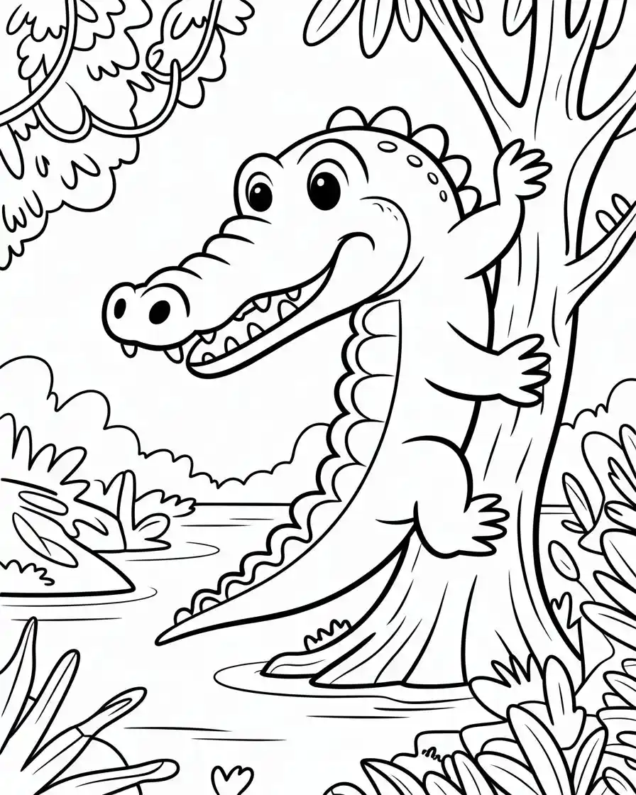 Crocodile Climbing Down Tree Coloring Page 1