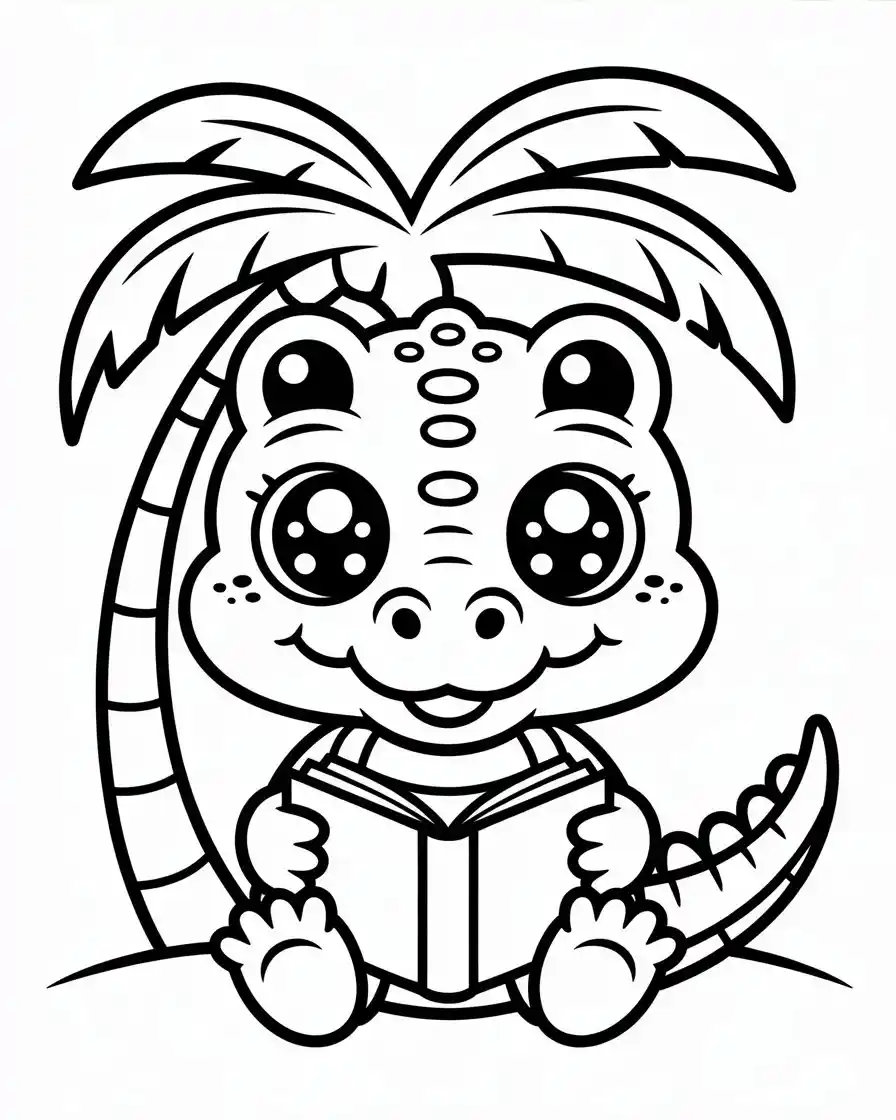 Cute Baby Crocodile Reading Book Under Palm Tree Coloring Page