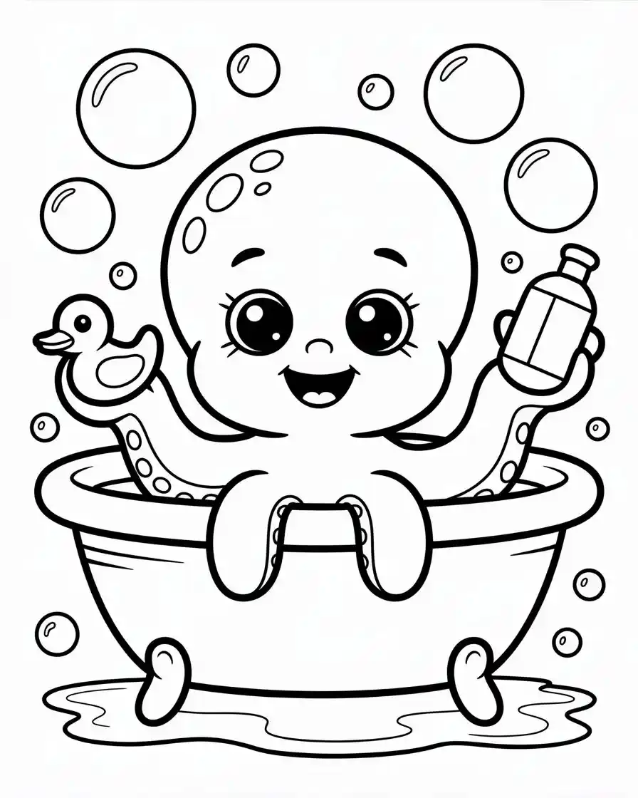 Cute Baby Octopus Bubble Bath Coloring Page