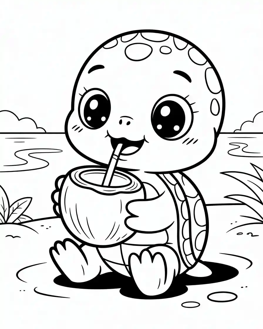 Cute Baby Turtle Drinking Coconut Coloring Page