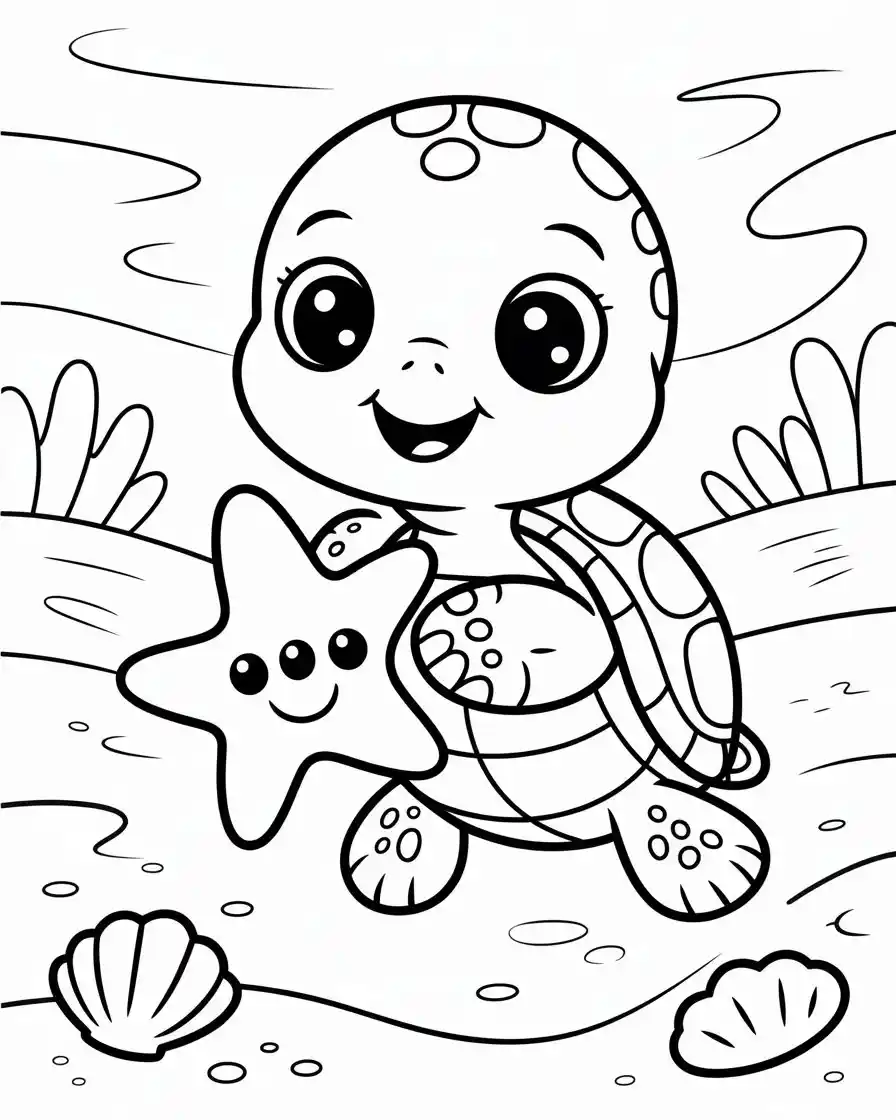Cute Baby Turtle Hugging Starfish Coloring Page 