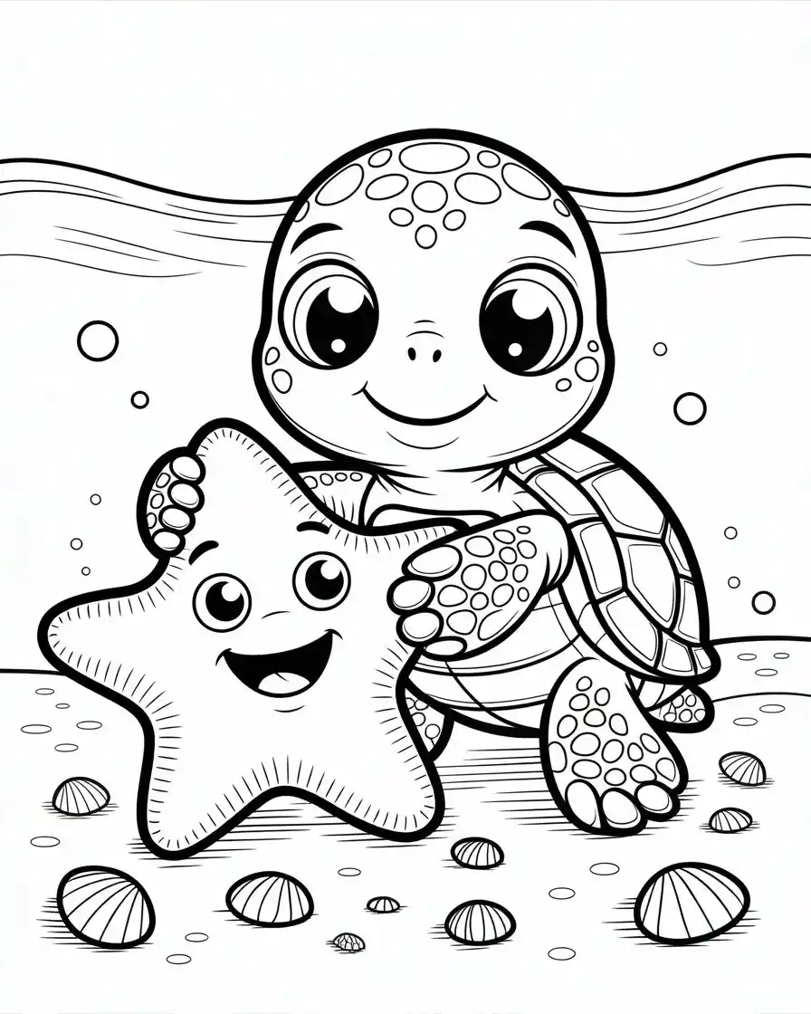 Cute Baby Turtle Hugging Starfish Coloring Page