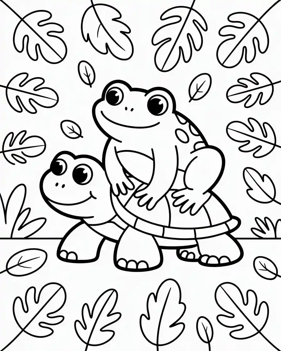 Cute Frog Sitting on Turtle Coloring Page 1