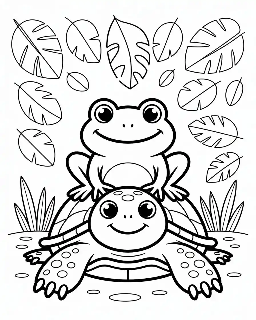 Cute Frog Sitting on Turtle Coloring Page