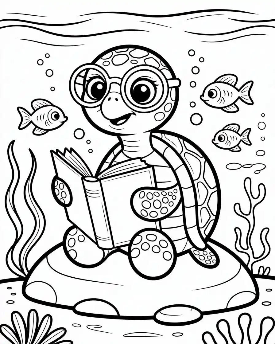 Cute Nerdy Turtle Reading a Book Underwater Coloring Page 