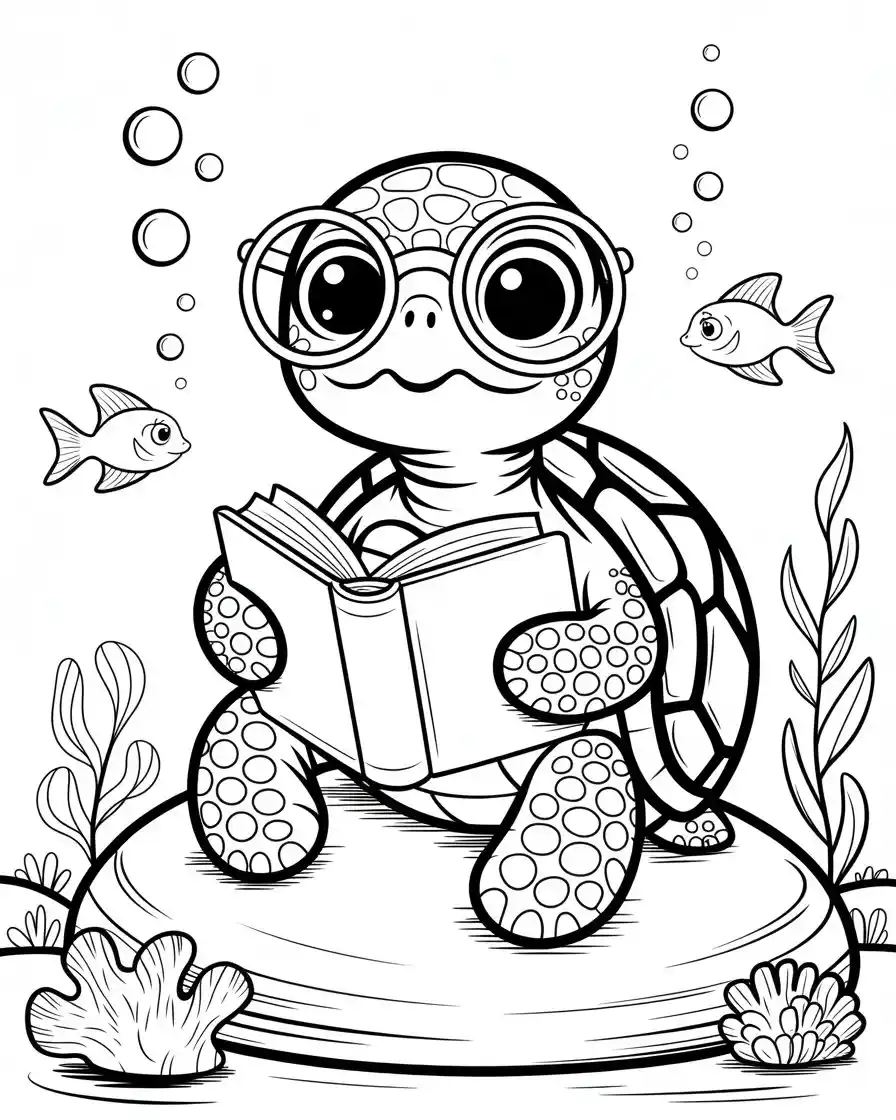 Cute Nerdy Turtle Reading a Book Underwater Coloring Page