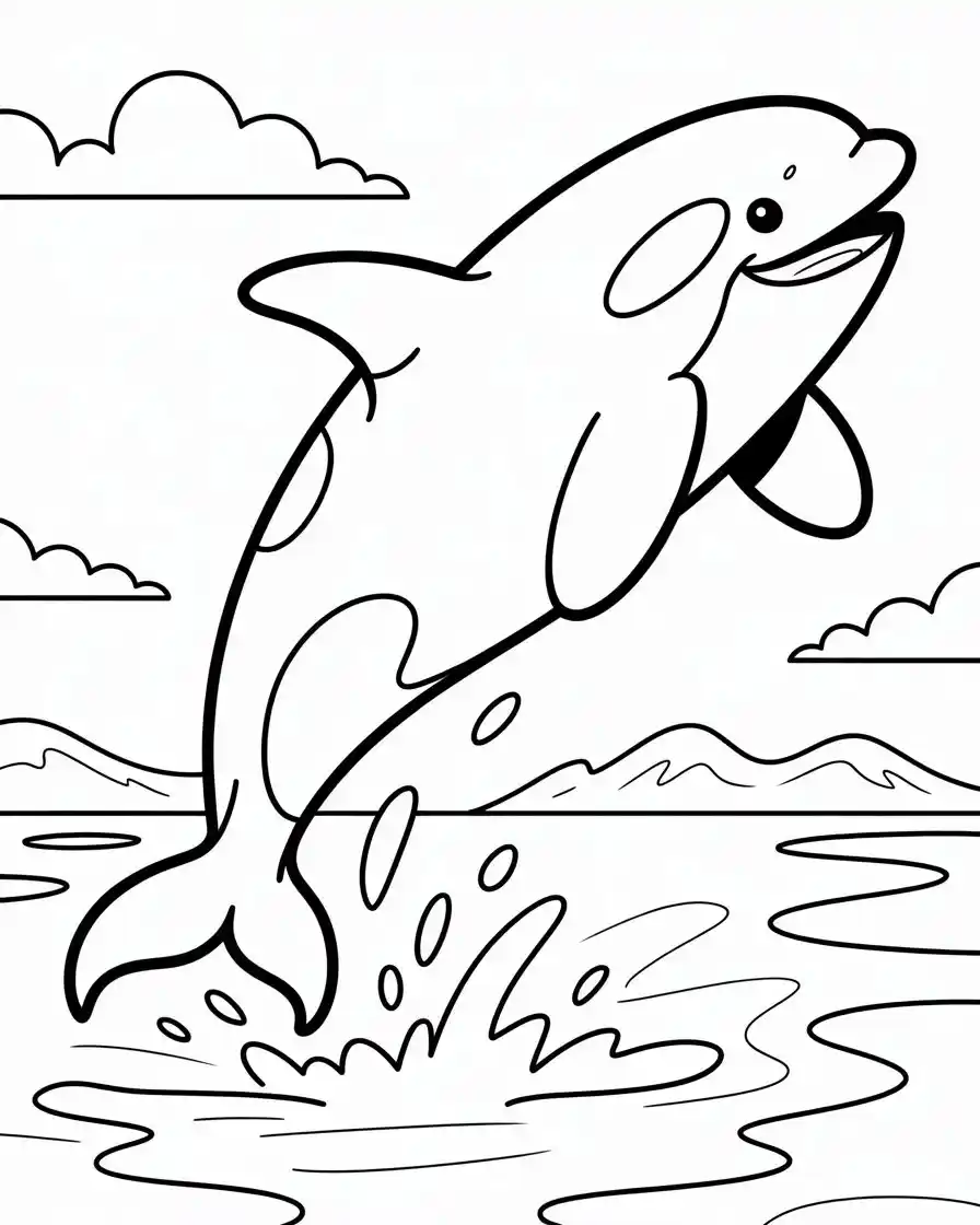 Cute Orca Jumping Over Ocean Waves Coloring Page