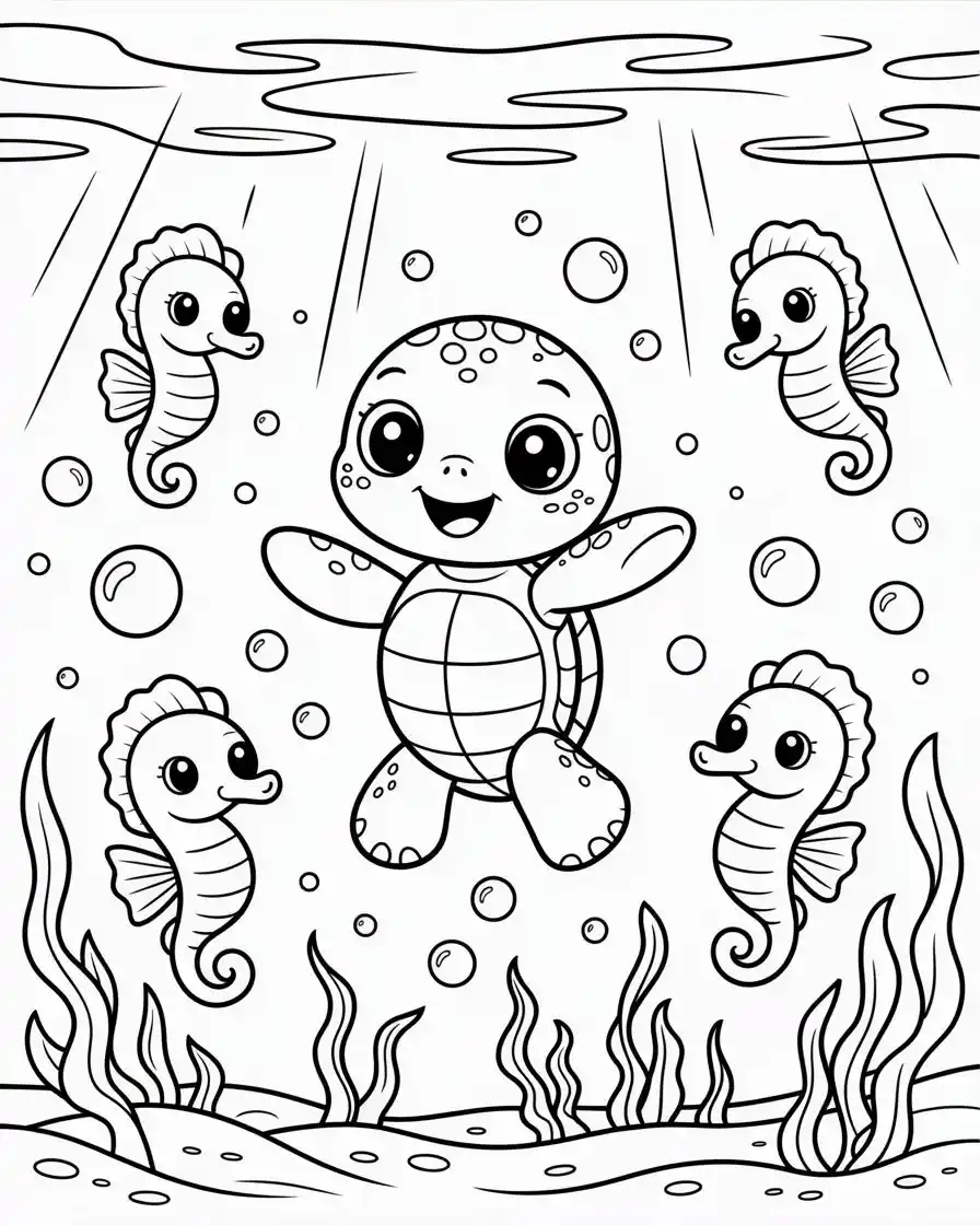 Cute Turtle Dancing with Seahorses Coloring Page 1