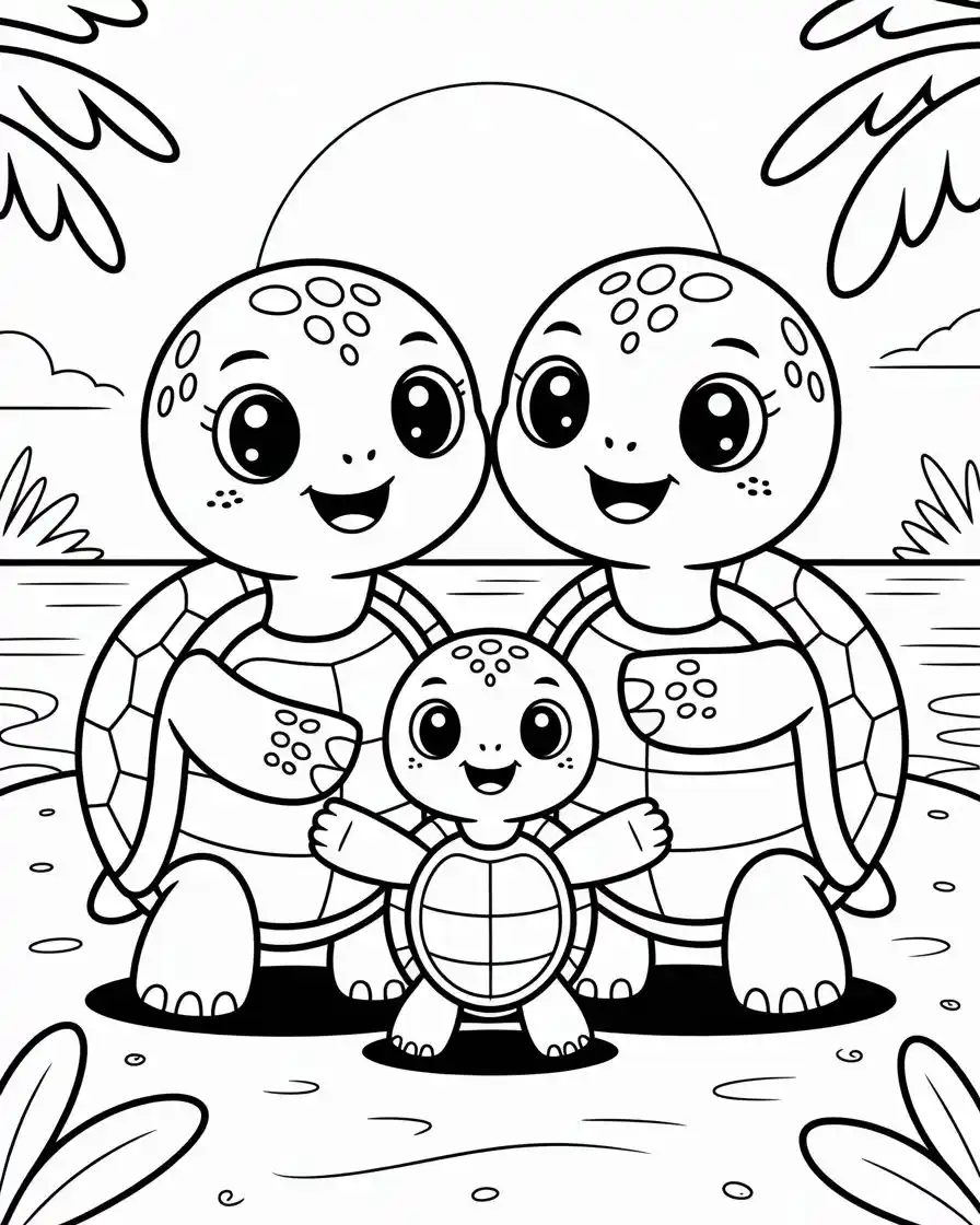 Cute Turtle Family Hug Coloring Page