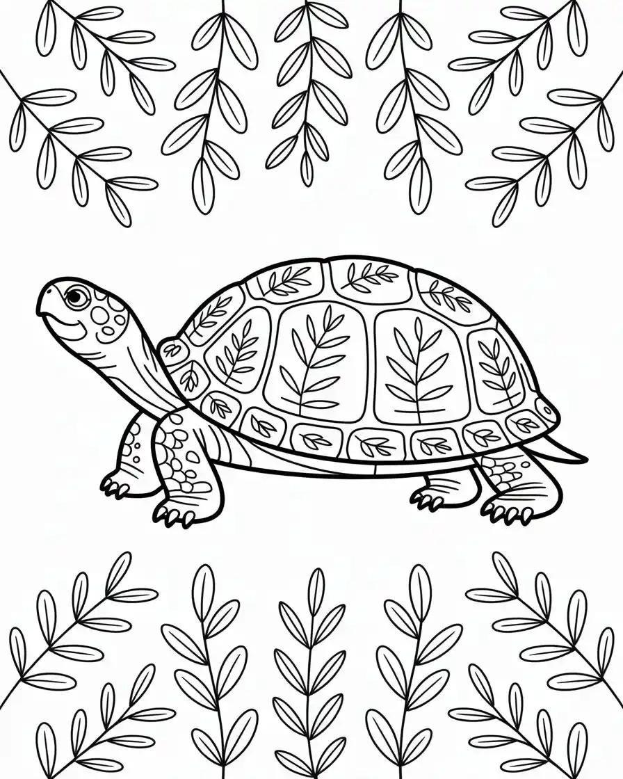 Decorative Box Turtle with Leaf Pattern Coloring Page