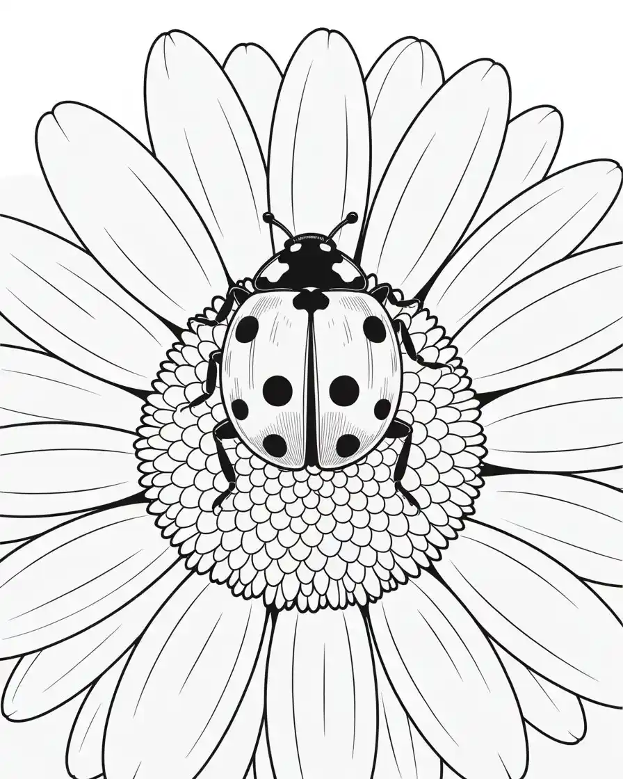 Detailed Ladybug On Daisy Flower Coloring Page
