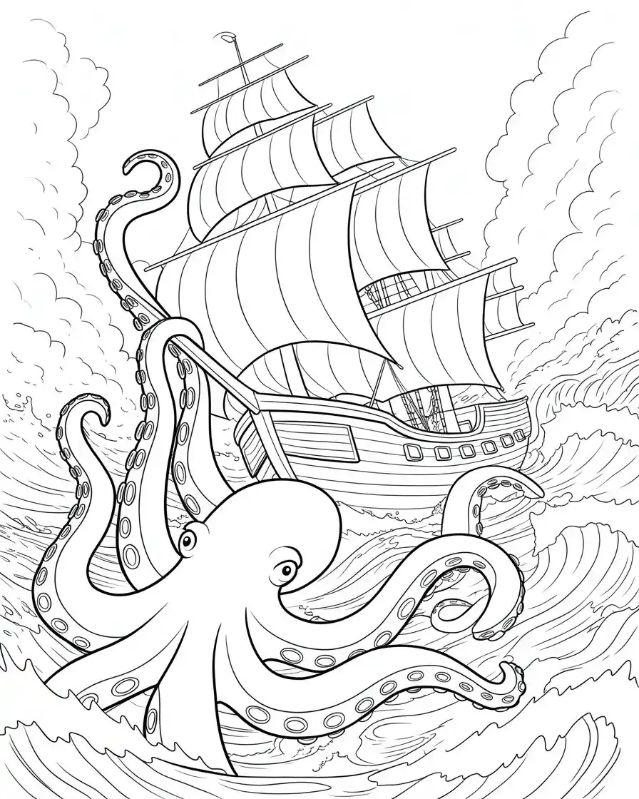 Giant Octopus Attacking Sailing Ship Coloring Page 1
