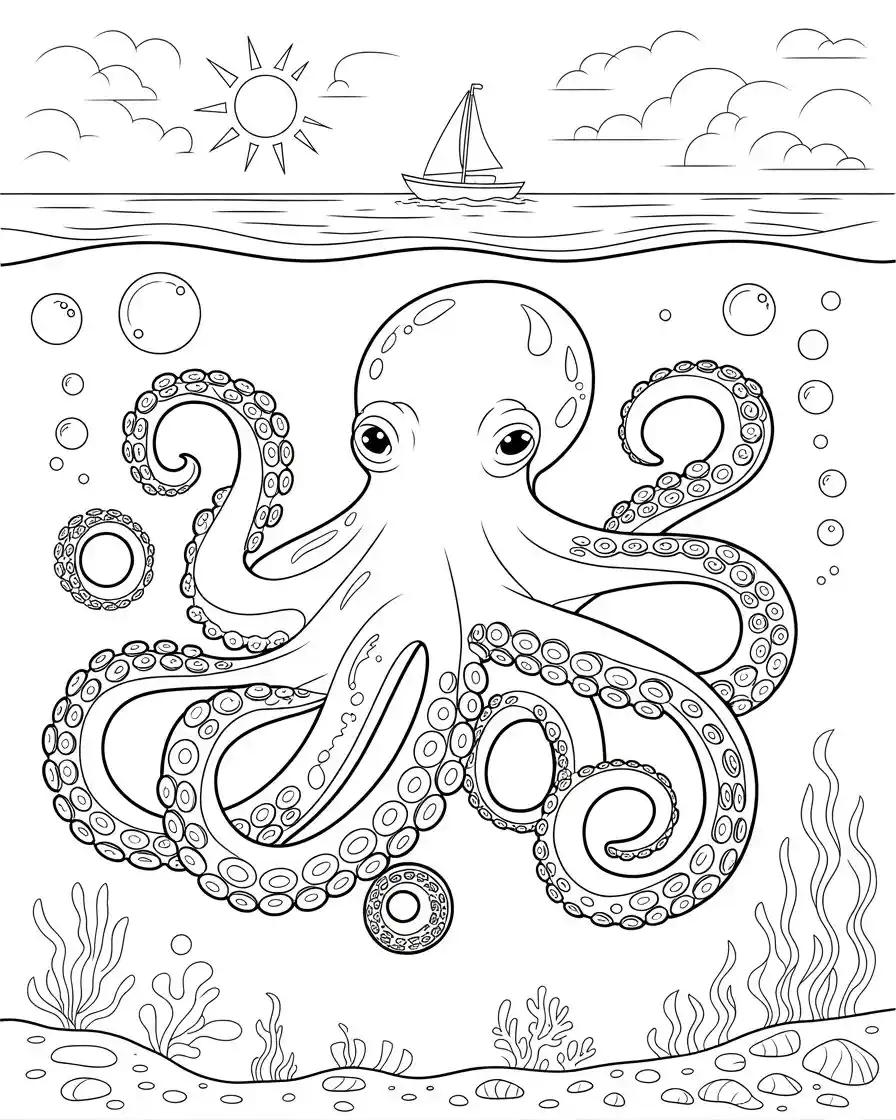 Giant Octopus Rising Near Sailboat Coloring Page 1