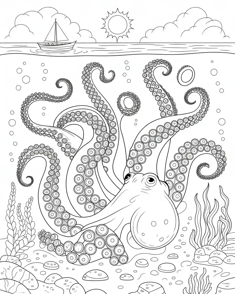 Giant Octopus Rising Near Sailboat Coloring Page