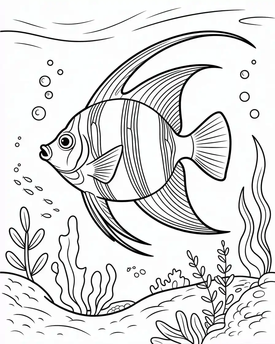 Graceful Angelfish with Flowing Fins underwater Coloring Page 1
