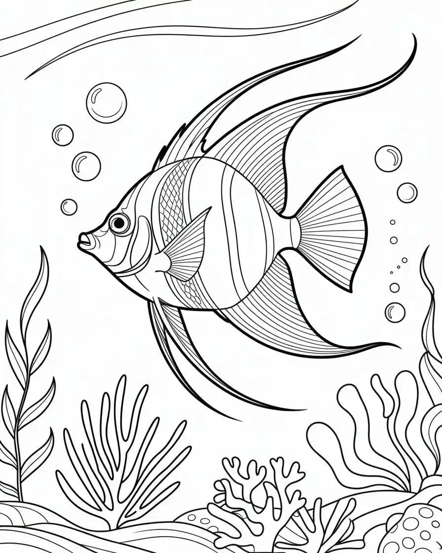 graceful angelfish with flowing fins underwater coloring page