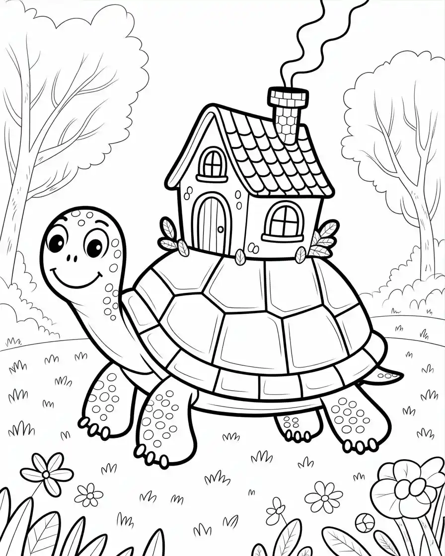Happy Turtle Carrying a Tiny House Coloring Page 