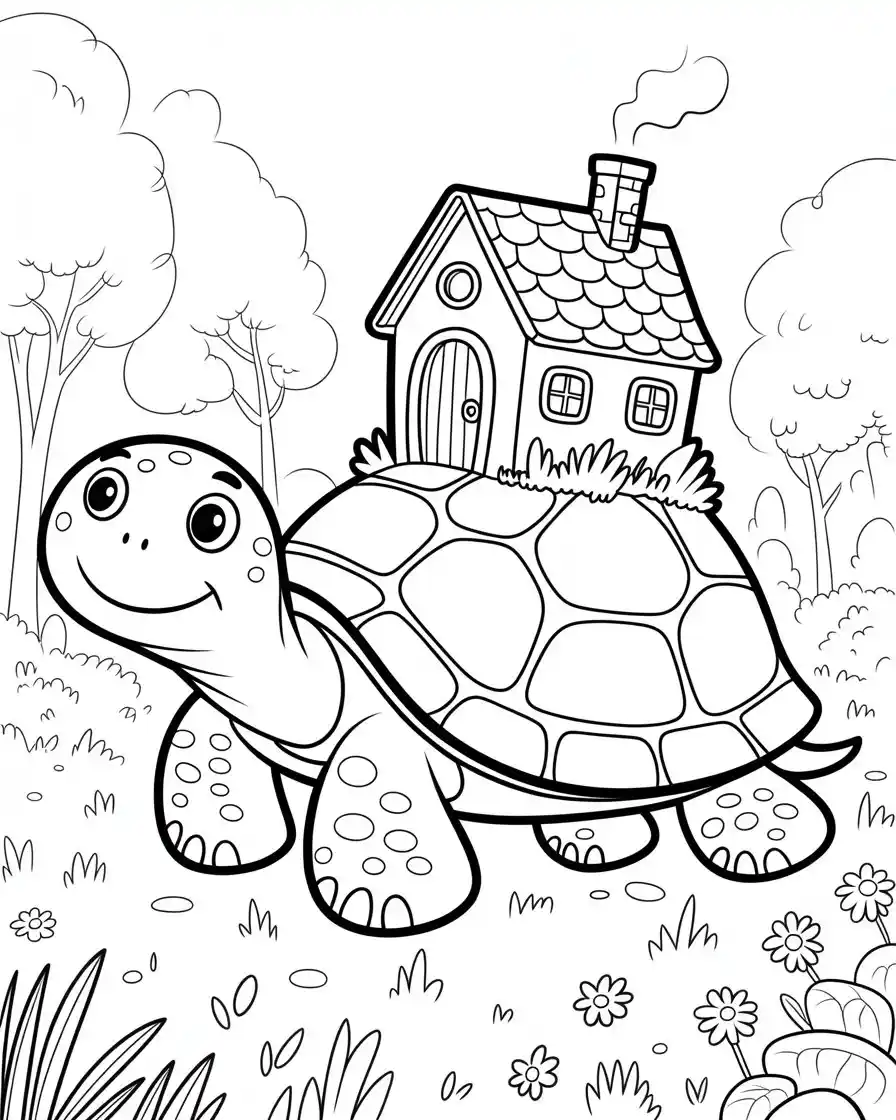 Happy Turtle Carrying a Tiny House Coloring Page