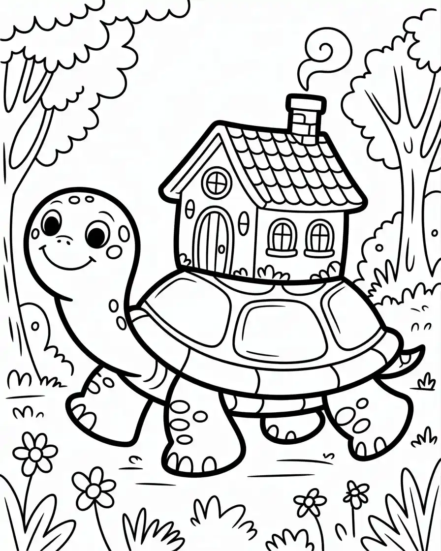 Happy Turtle Carrying a Tiny House Coloring Page