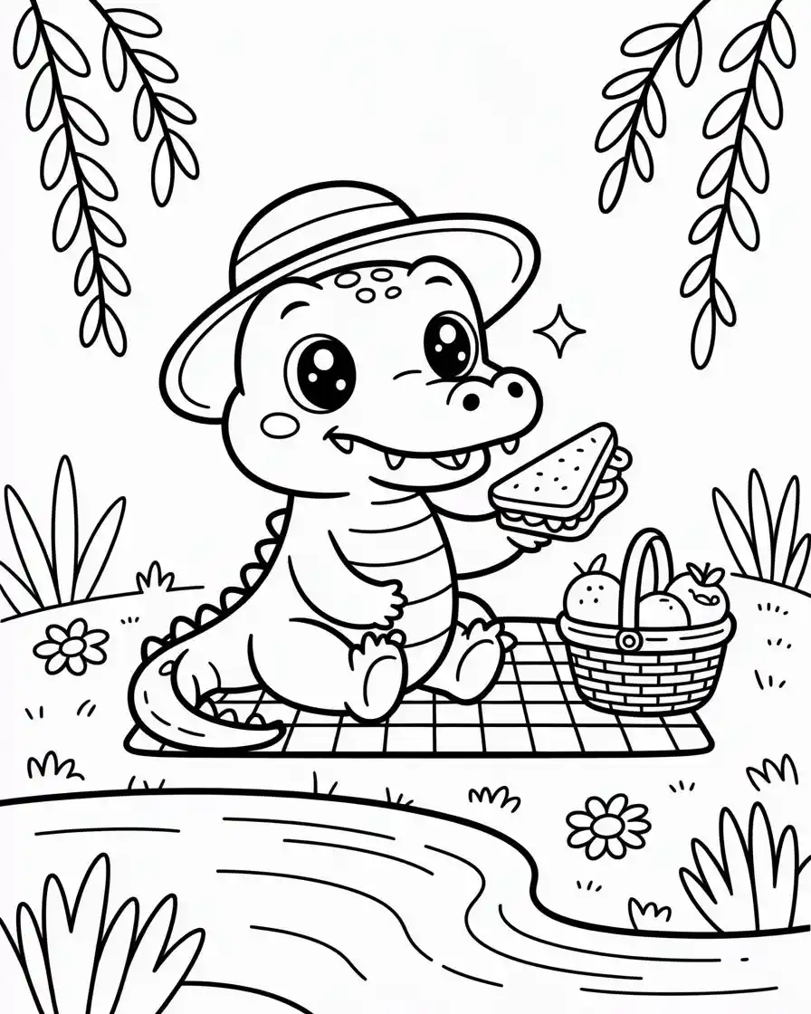 Kawaii Crocodile Having a Picnic Coloring Page