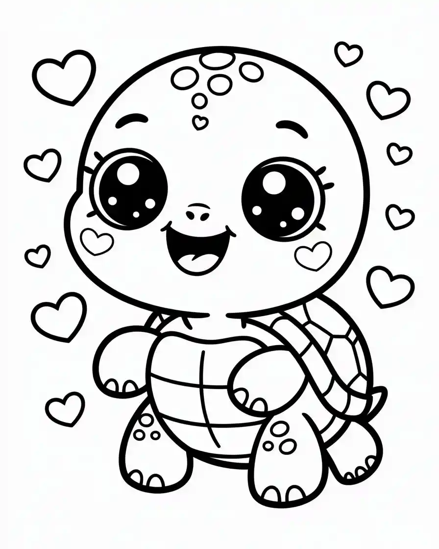 Kawaii Turtle with Love Hearts Coloring Page
