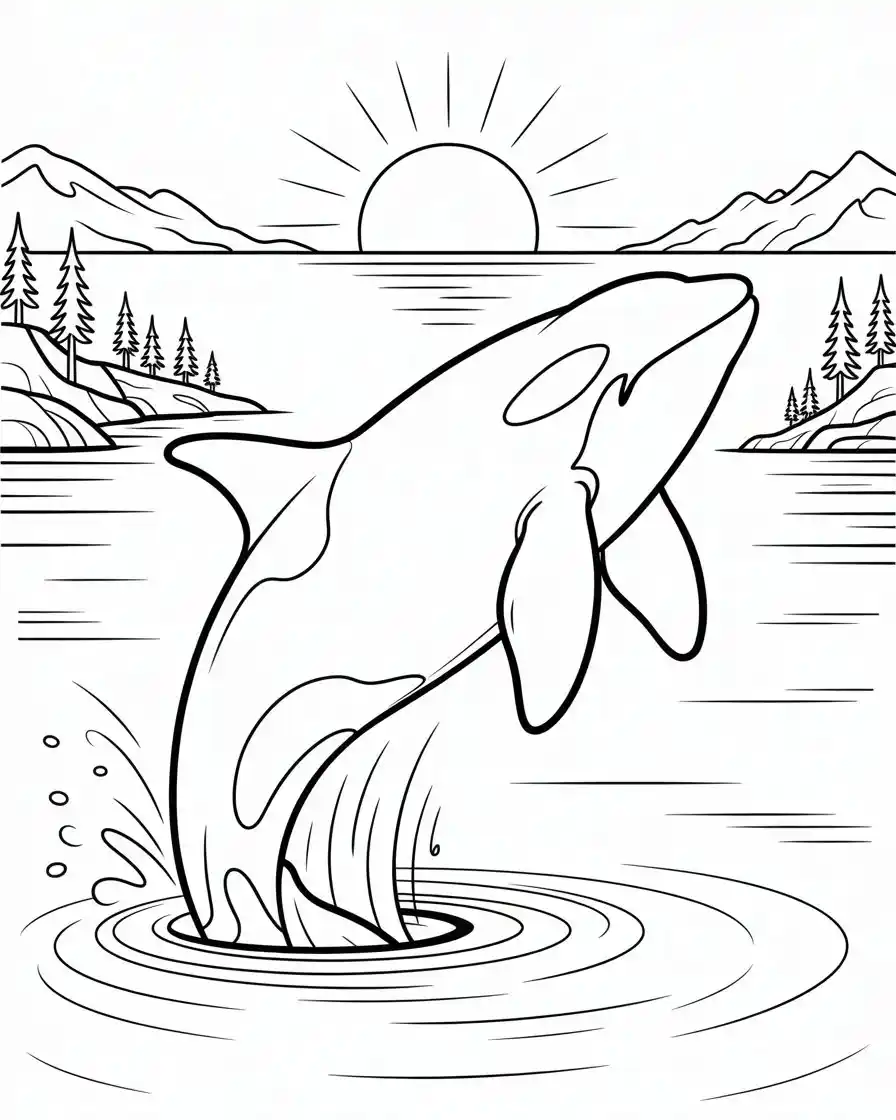 killer whale leaping above boy on rock coloring page