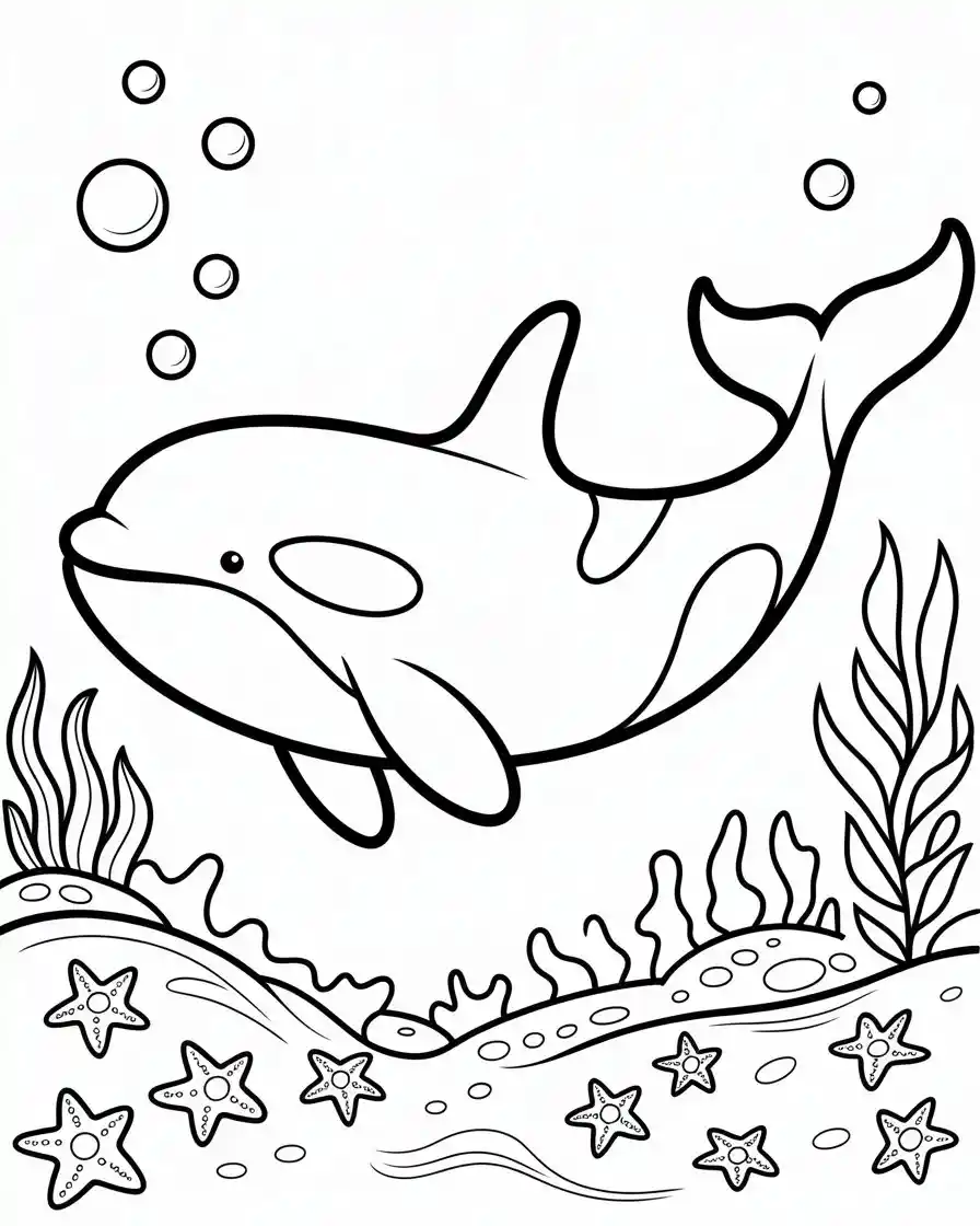 killer whale swimming with starfish coloring page