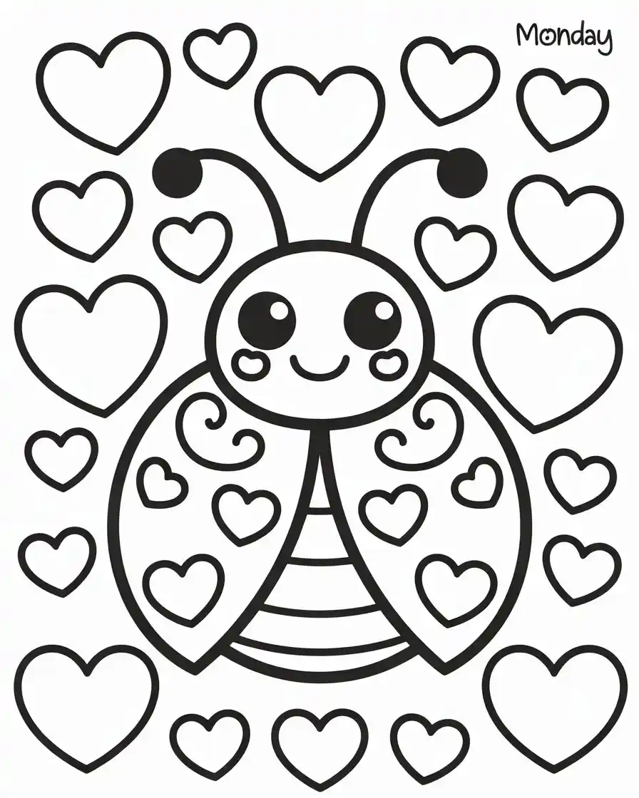 ladybug beetle with love hearts to color 2